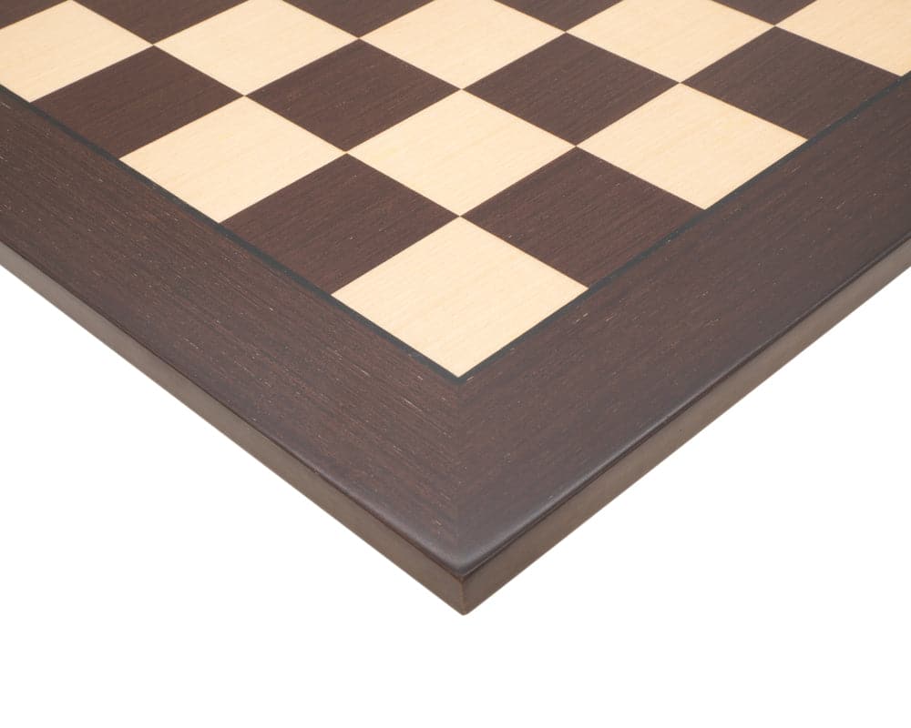 World Chess Wenge Board close-up showing premium wood craftsmanship and elegant design.