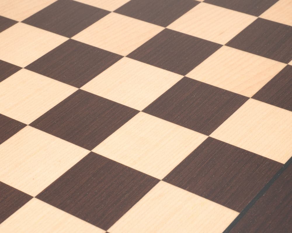 Close-up of World Chess Wenge Board with classic checkered pattern.