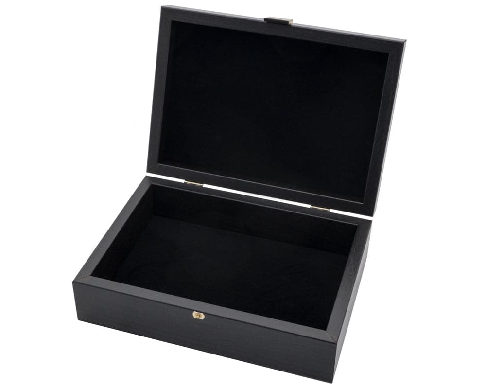 Dark Wood Chess Piece Storage Case - Open with Black Interior and Brass Hinges